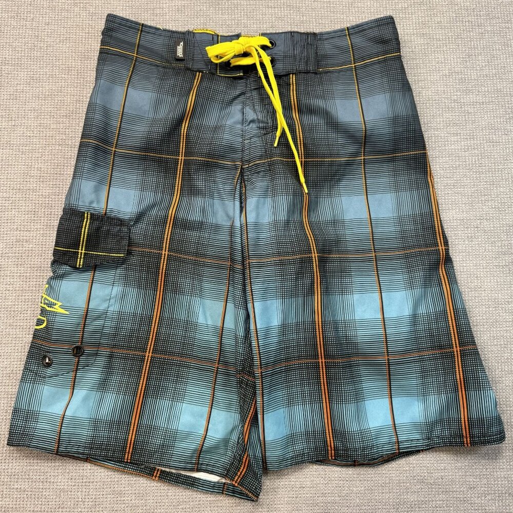 No Fear Mens Plaid Board Shorts Swim Trunks Swimwear Pocket Hoock & Loop Size S